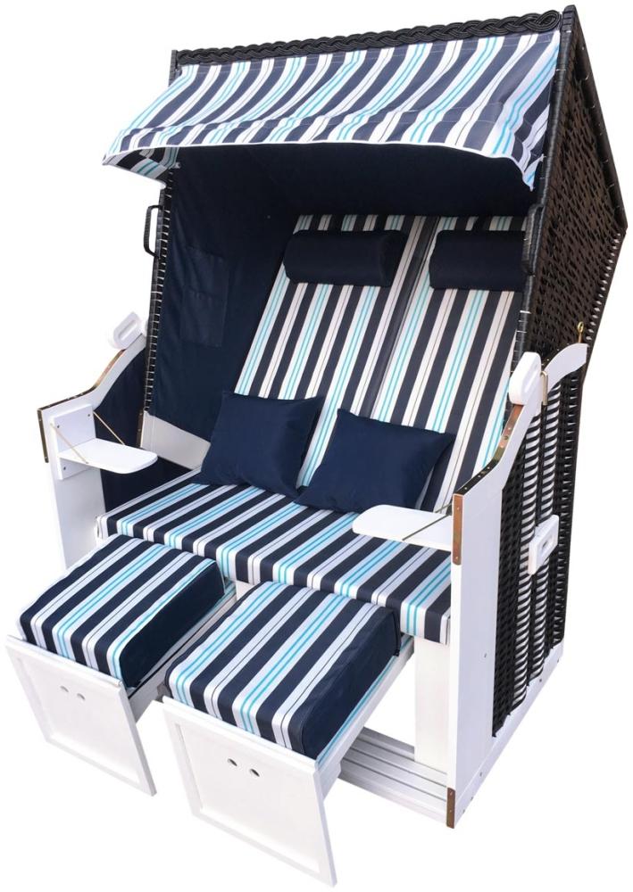 BRAST Strandkorb Sylt 2-Sitzer für 2 Personen 115cm breit blau hellblau weiß gestreift extra Fußkissen incl. Abdeckhaube Gartenliege Sonneninsel Poly-Rattan Bild 1