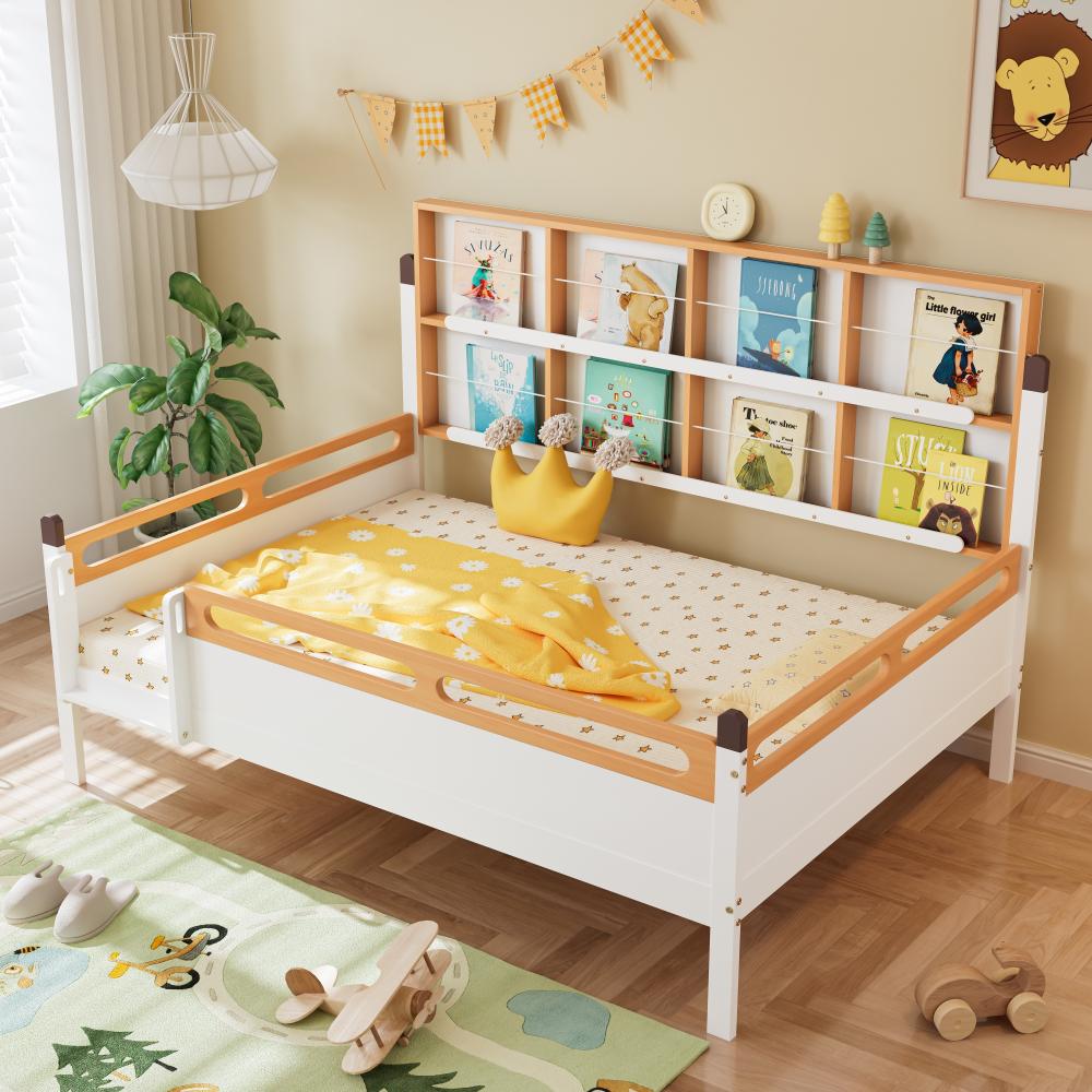 Merax Kinderbett Tagesbett Doppelbett Massivholzbett 140x200cm mit offenen Regale, Weiß+Natur Bild 1