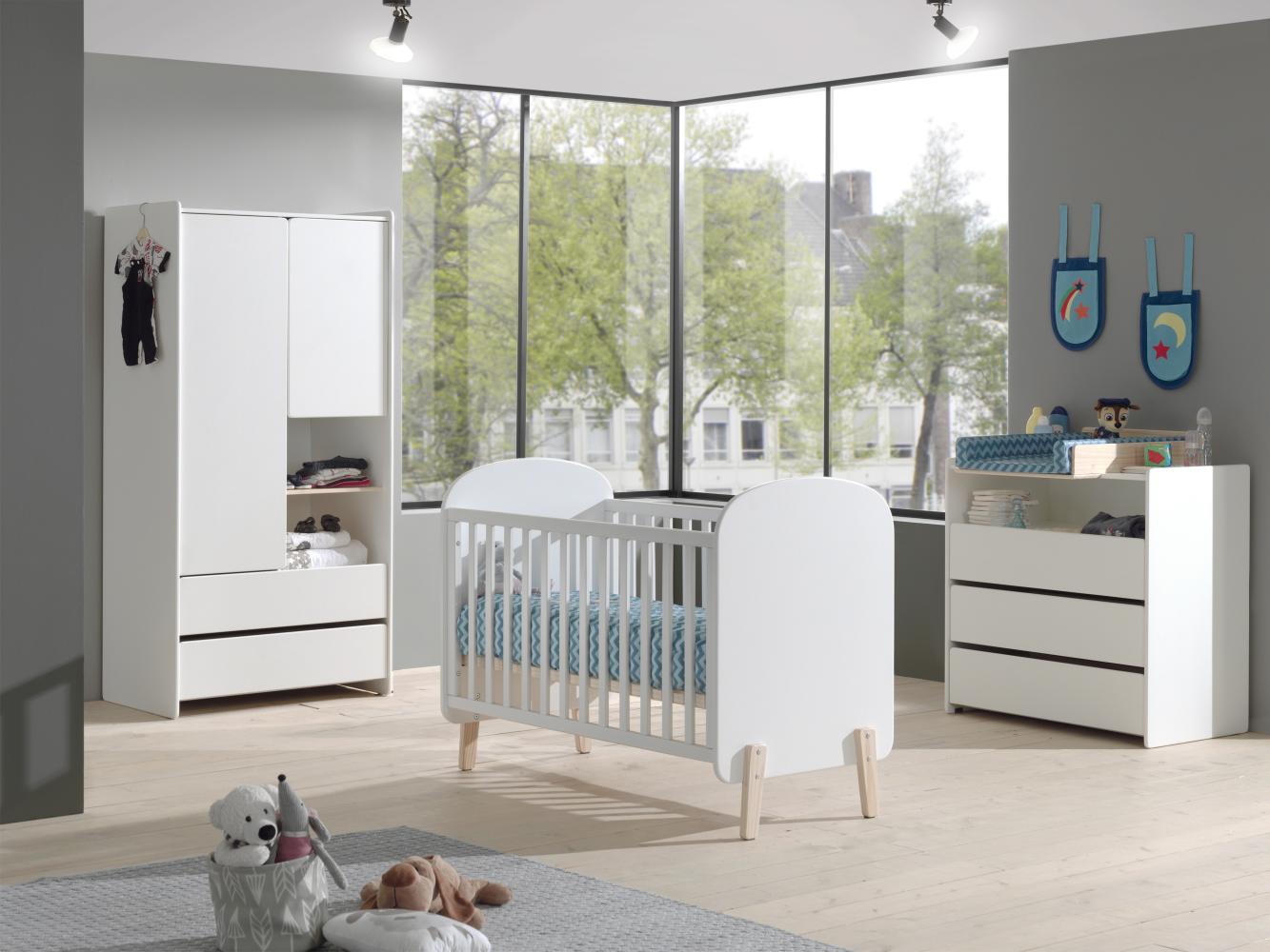 Babyzimmer Set Kiddy best. aus: Babybett 60 x 120 cm, Kommode, Wickelaufsatz und Kleiderschrank 2-trg., Ausf. MDF weiß lackiert Bild 1