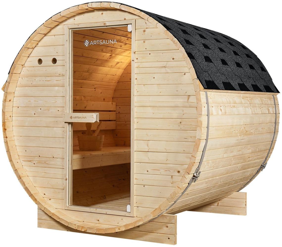 Artsauna Outdoor Fasssauna Spitzbergen 180 für 4 Personen - 6 kW Ofen, Saunasteine & Zubehör - Saunafass aus Fichtenholz - Außensauna Gartensauna Bild 1