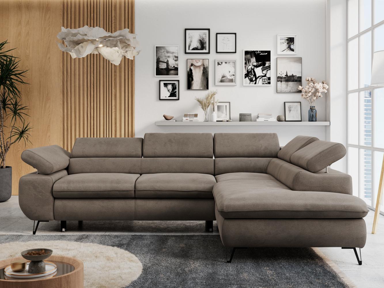 Ecksofa mit Bettfunktion, Modern Sofa, L-form, Einstellbare Kopfstützen, Bettkasten - PETER - Braun Velours - rechts Bild 1