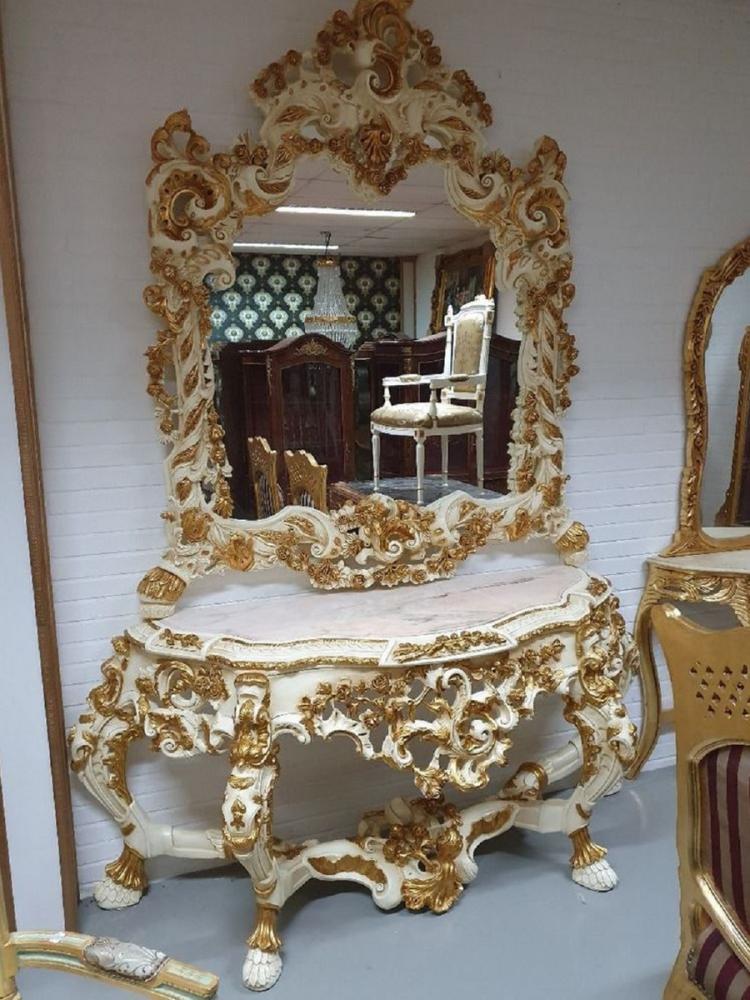 Casa Padrino Luxus Barock Spiegelkonsole Creme / Gold - Prunkvoller Massivholz Konsolentisch mit Marmorplatte und Wandspiegel - Barock Möbel Bild 1
