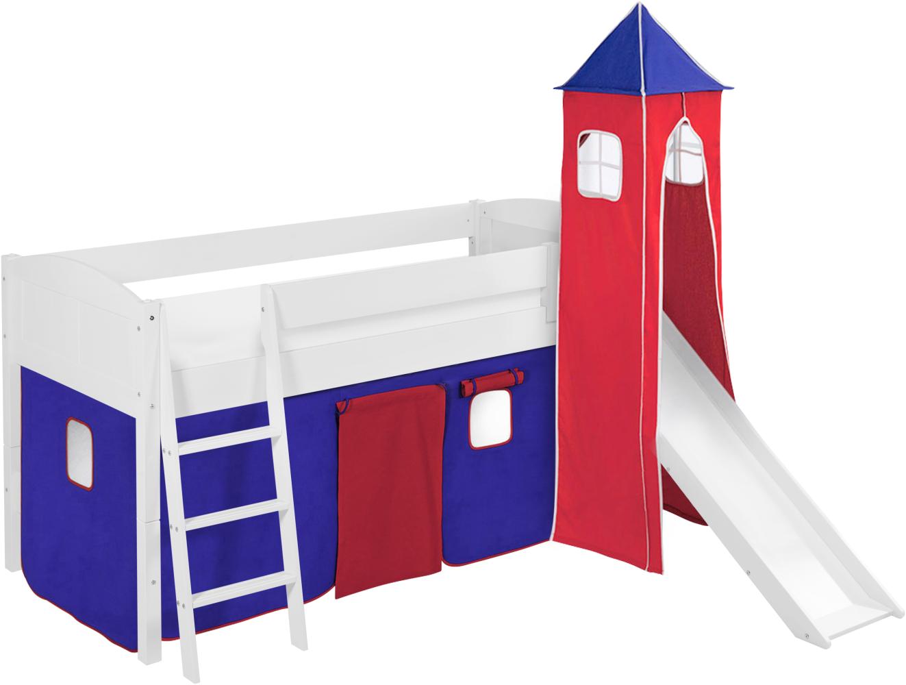 Lilokids 'Ida 4106' Spielbett 90 x 200 cm, Blau Rot, Kiefer massiv, mit Turm, Rutsche und Vorhang Bild 1