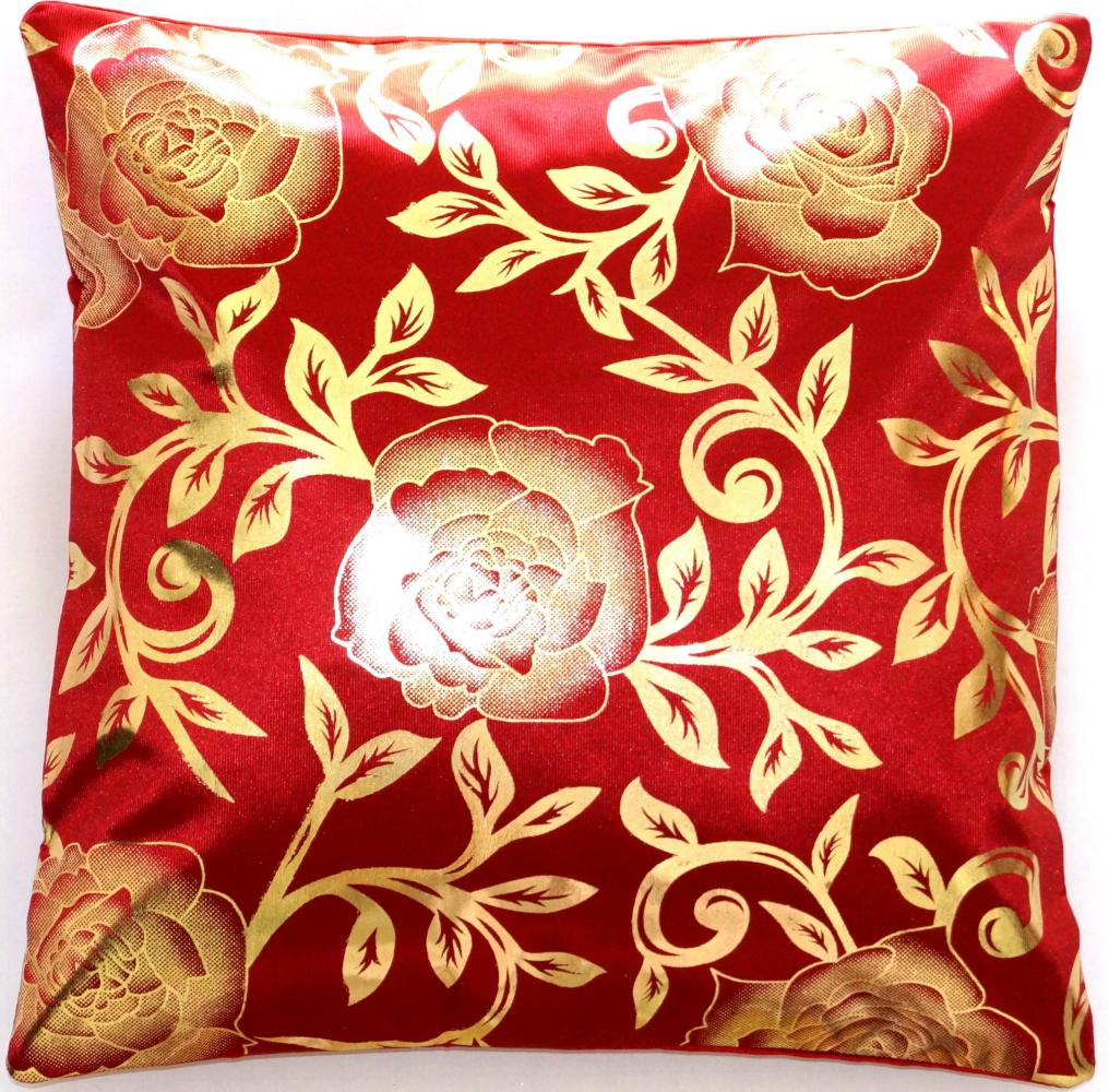 Rot Seide Deko-Kissenbezug mit Wunderschön Digital bedrucktes Golden Floral Design aus Indien - 40cm x 40cm Bild 1