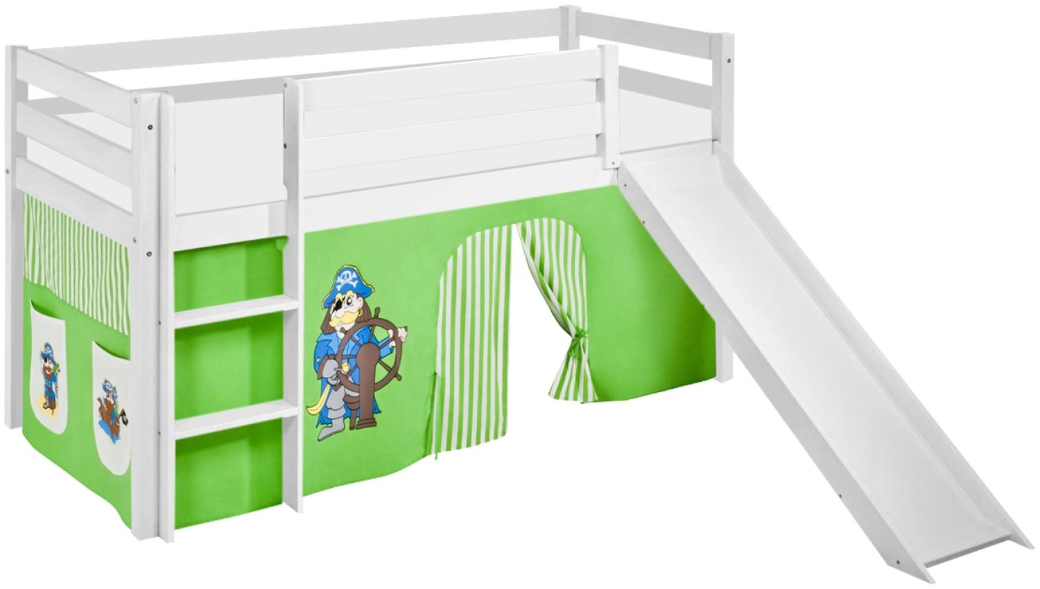 Lilokids 'Jelle' Spielbett 90 x 190 cm, Pirat Grün Beige, Kiefer massiv, mit Rutsche und Vorhang Bild 1