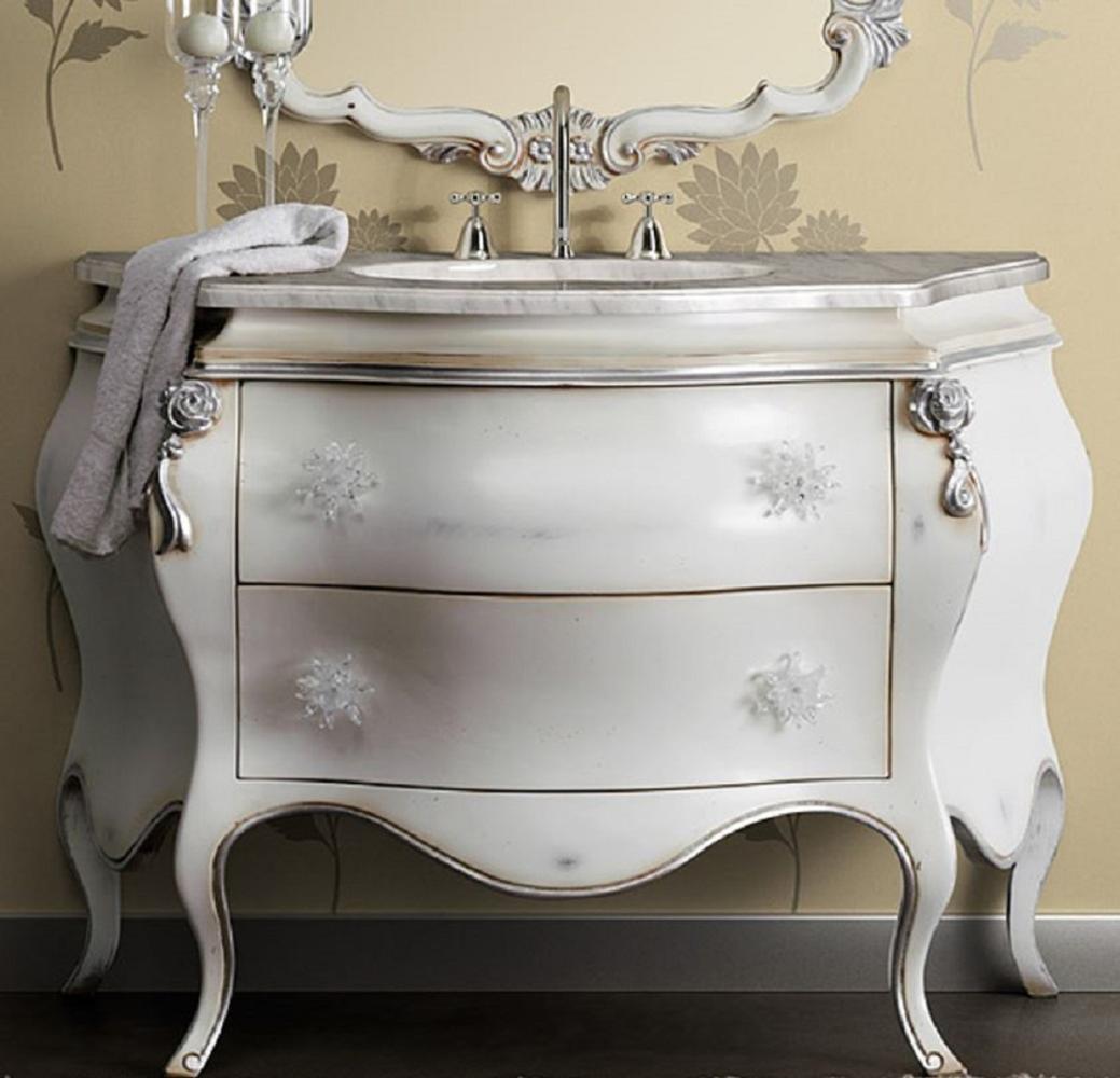 Casa Padrino Luxus Barock Waschtisch Weiß / Silber - Prunkvolle Waschbecken Kommode mit 2 Schubladen - Luxus Badezimmer Möbel im Barockstil - Barock Möbel - Luxus Qualität - Made in Italy Bild 1
