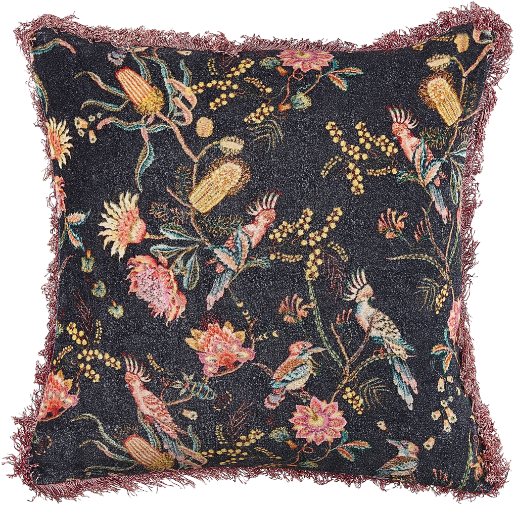 Dekokissen Blumenmuster Samtstoff schwarz rosa mit Fransen 45 x 45 cm MORUS Bild 1