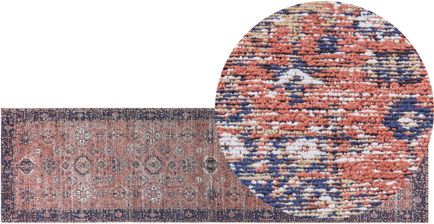 Teppich Baumwolle blau rot 80 x 300 cm orientalisches Muster Kurzflor KURIN Bild 1