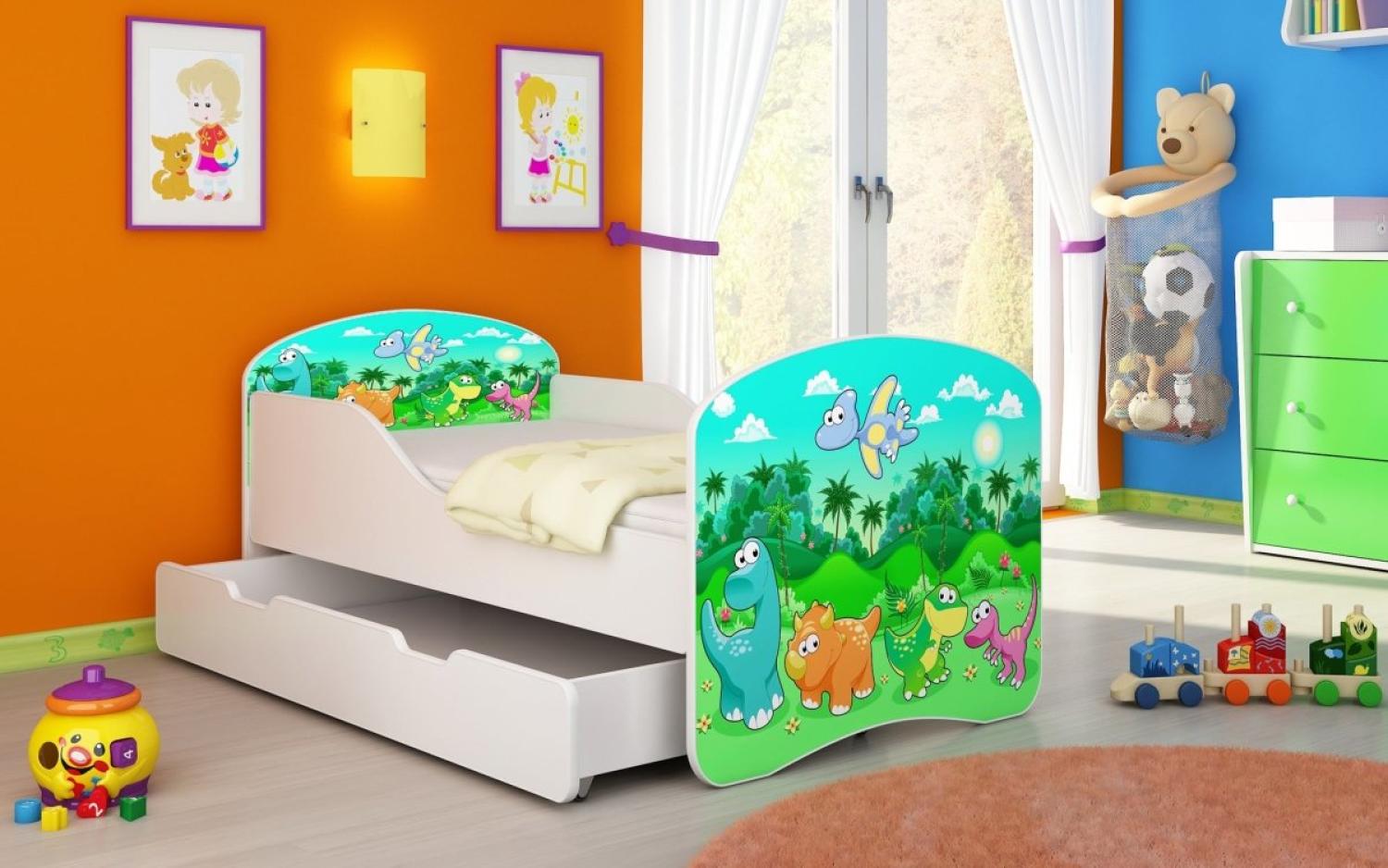 Kinderbett Luna mit Stauraum und verschiedenen Motiven 140x70 Dino Bild 1