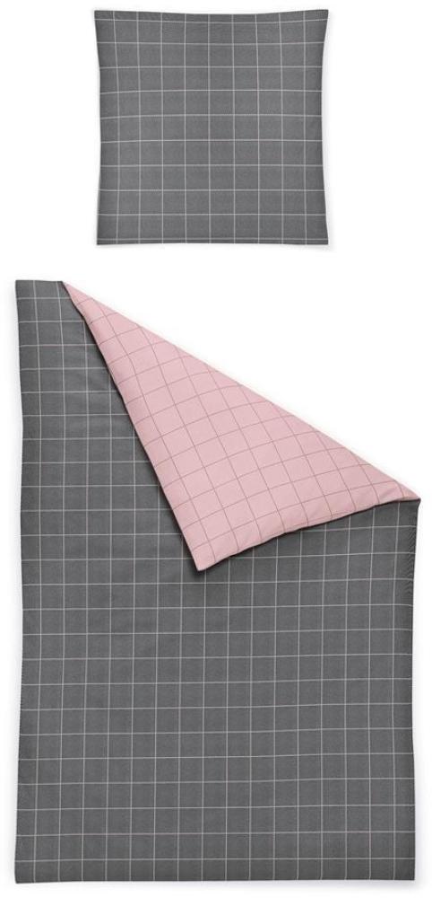Irisette Biber Bettwäsche 135x200 2tlg grau rosa | Bettwäsche-Set aus 100% Baumwolle | 2 teilige Wende-Bettwäsche 135x200 cm & Kissen 80x80 cm | Quadrat Geometrisches Muster (4 teilig 135 cm x 200 cm) Bild 1
