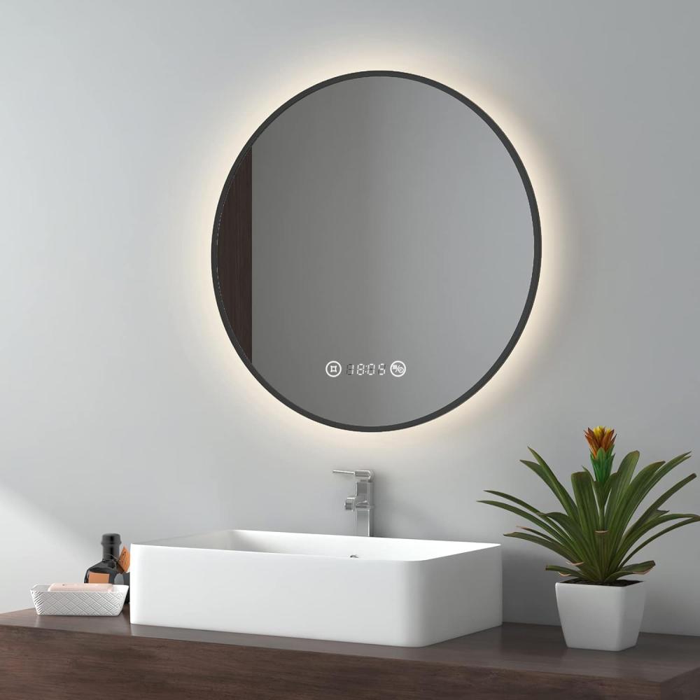 EMKE LED Badspiegel ф60cm Schwarzer Rand, Antibeschlage, Uhr, Temperatur, Dimmbar, Memory-Funktion Neutrales Licht Bild 1