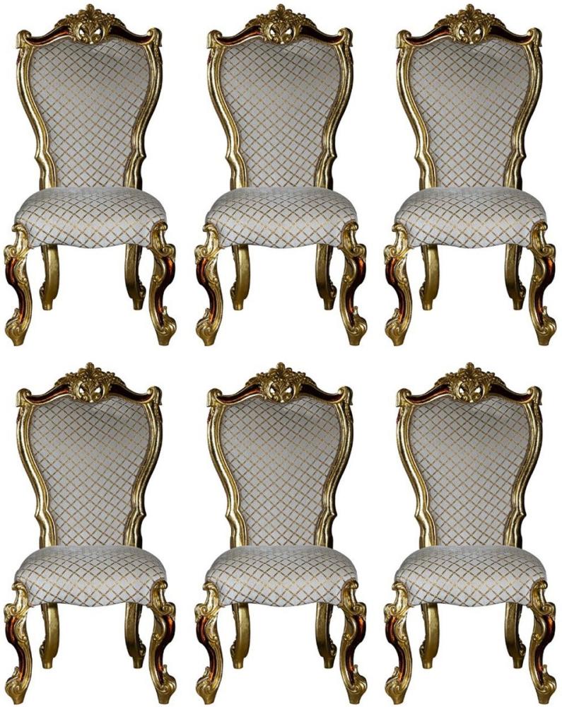 Casa Padrino Luxus Barock Esszimmer Stuhl Set Grau / Gold / Rot / Gold 58 x 57 x H. 107 cm - Küchen Stühle 6er Set im Barockstil - Barock Esszimmer Möbel Bild 1
