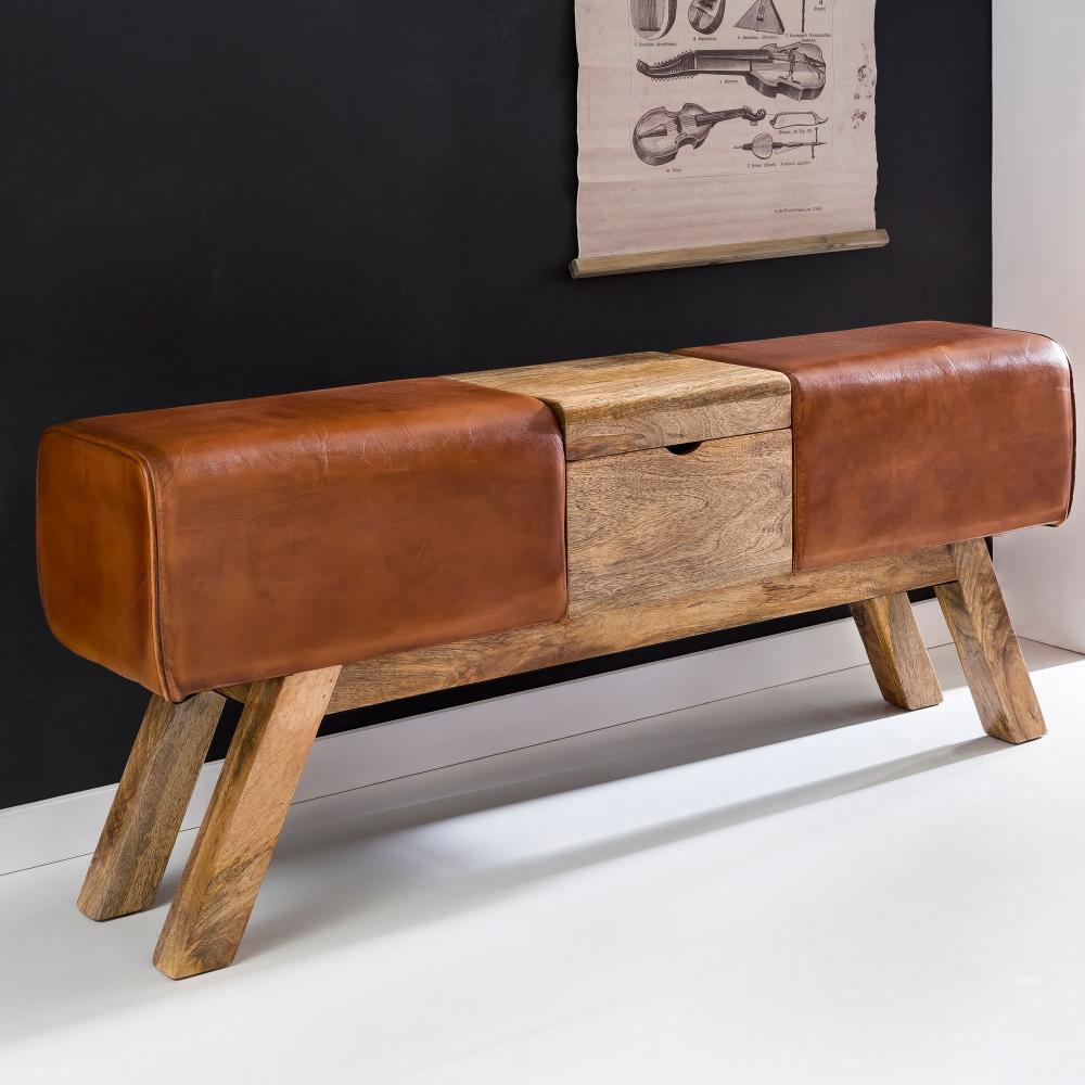 KADIMA DESIGN Retro Sitzbank aus echtem Leder und Holzbeinen mit Stauraum- 120cm - Stilvoll & Komfortabel. Bild 1