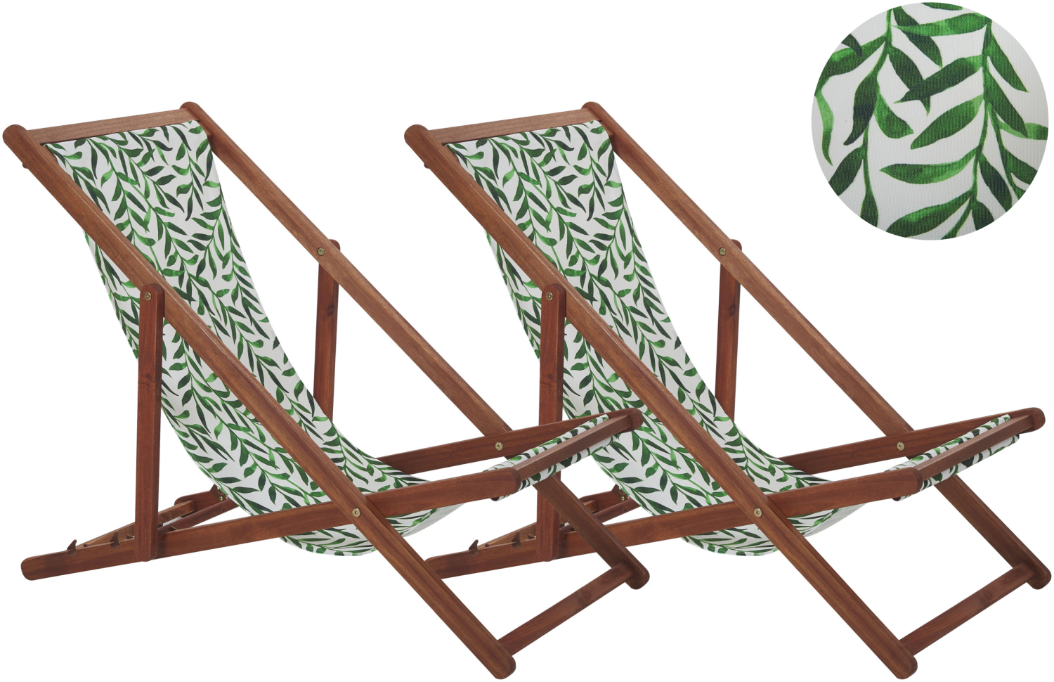 Liegestuhl Akazienholz hellbraun Textil weiß grün Blattmuster 2er Set ANZIO Bild 1