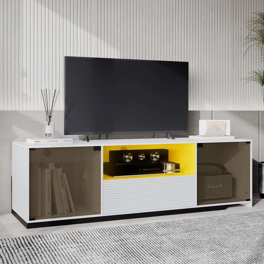 Merax TV-Ständer mit LED-Beleuchtung und Schiebedesign für einen 60-Zoll-Fernseher, marmorgeäderter Tischplatte Bild 1