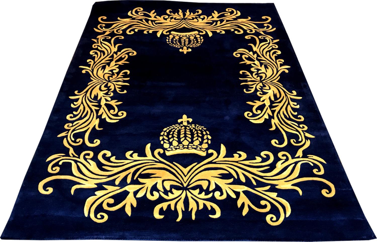 Pompöös by Casa Padrino Luxus Teppich von Harald Glööckler 80 x 150 cm Krone Royalblau / Gold - Barock Design Teppich - Handgewebt aus Wolle Bild 1