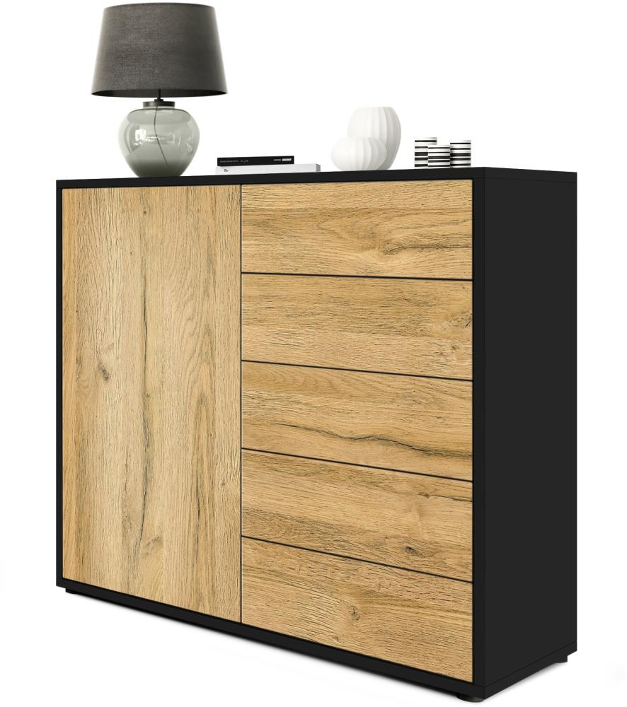 Vladon Sideboard Ben V2, Kommode mit 1 Tür und 5 Schubladen, Schwarz matt/Eiche Natur (79 x 74 x 36 cm) Bild 1