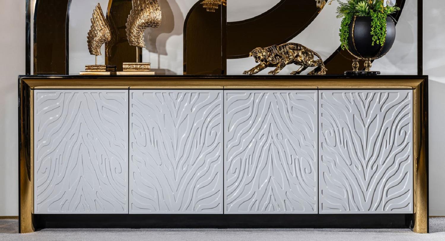 Casa Padrino Luxus Sideboard Schwarz / Weißgrau / Gold 220 x 52 x H. 87,5 cm - Edler Massivholz Schrank mit 4 Türen - Luxus Möbel - Luxus Einrichtung Bild 1