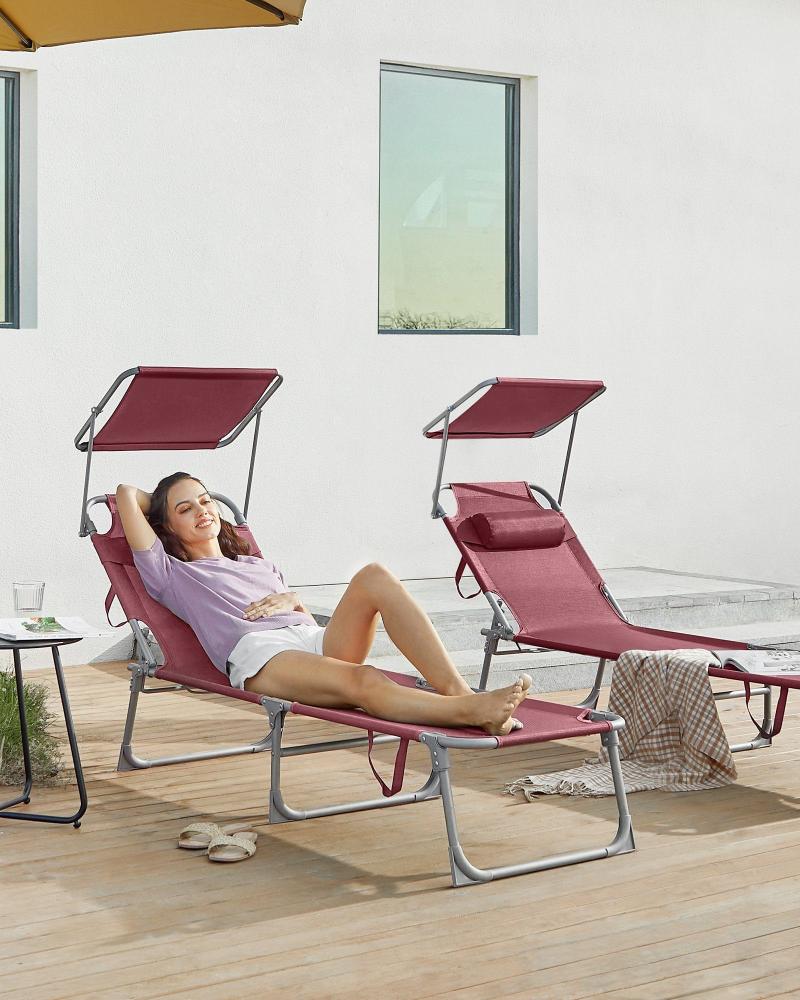 Sonnenliege, klappbarer Liegestuhl, 193 x 53 x 29 cm, max. Belastbarkeit 150 kg, mit Sonnenschutz, Kopfstütze und verstellbarer Rückenlehne, für Garten, Pool, Terrasse, rot GCB192R01 Bild 1