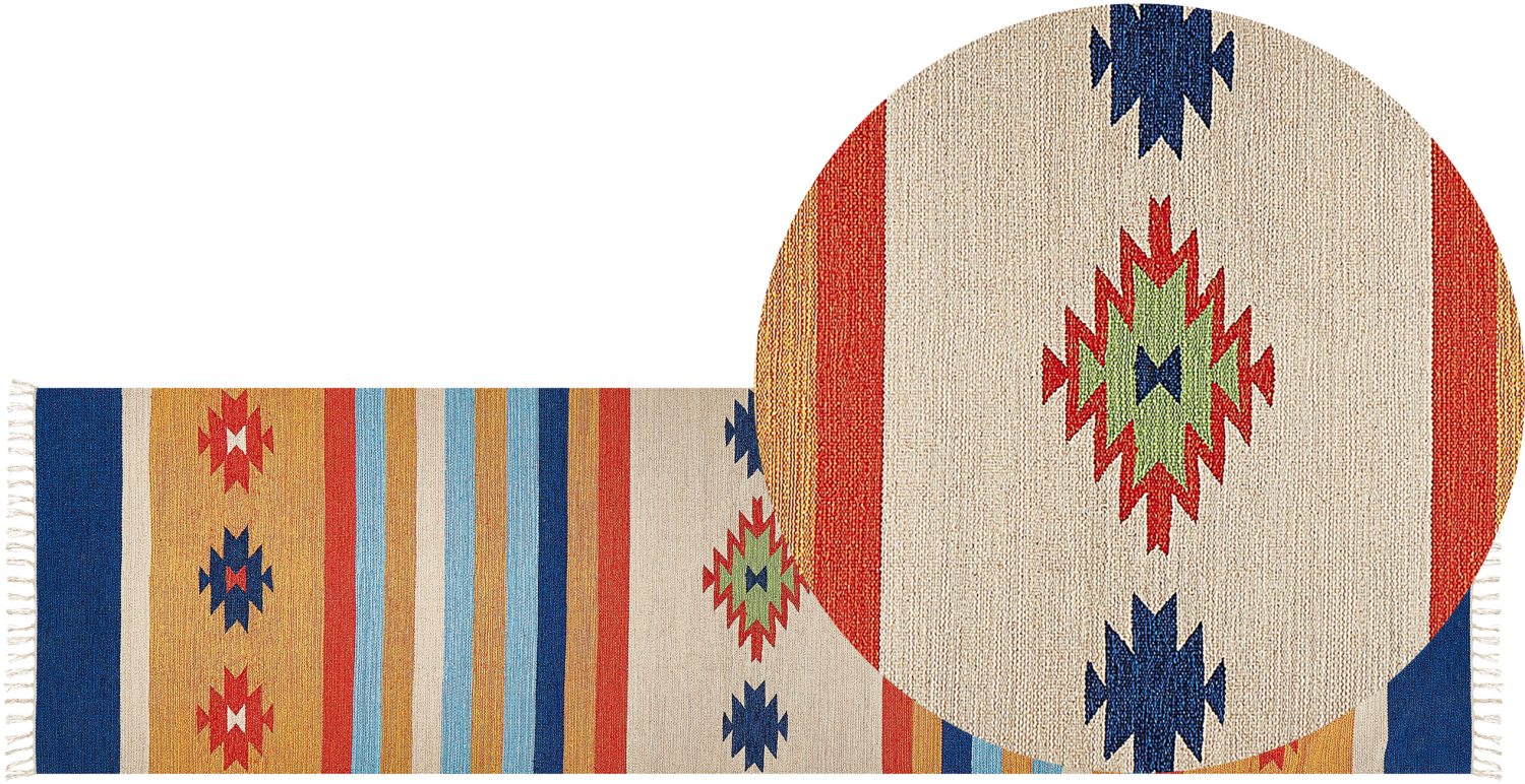 Kelim Teppich Baumwolle mehrfarbig 80 x 300 cm geometrisches Muster Kurzflor TARONIK Bild 1