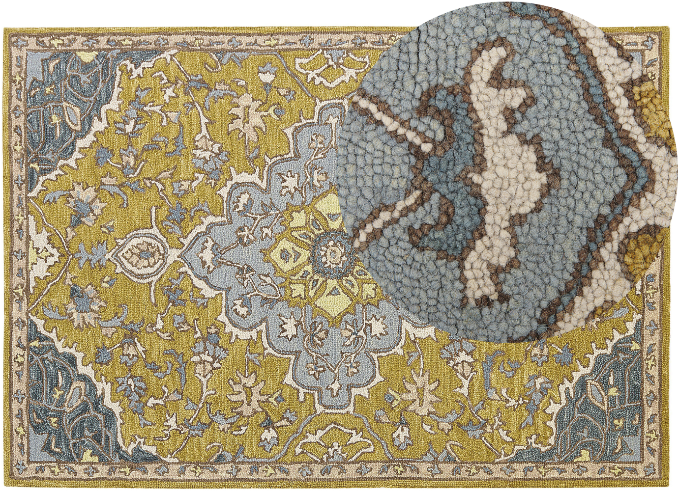 Teppich Wolle gelb blau 160 x 230 cm orientalisches Muster Kurzflor MUCUR Bild 1