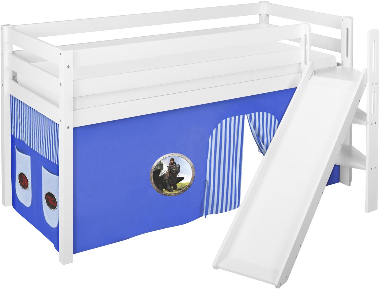 Lilokids 'Jelle' Spielbett 90 x 190 cm, Dragons Blau, Kiefer massiv, mit schräger Rutsche und Vorhang Bild 1