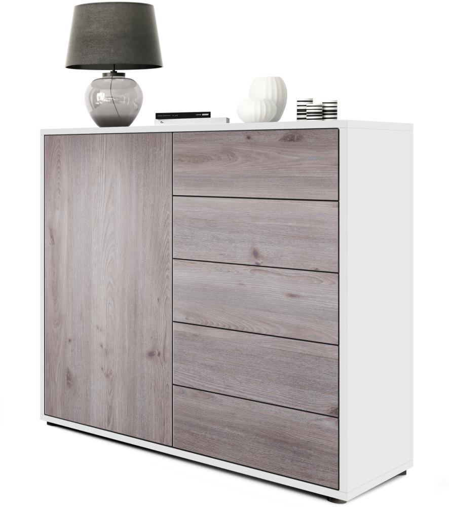 Vladon Sideboard Ben V2, Kommode mit 1 Tür und 5 Schubladen, Weiß matt/Eiche Nordic (79 x 74 x 36 cm) Bild 1