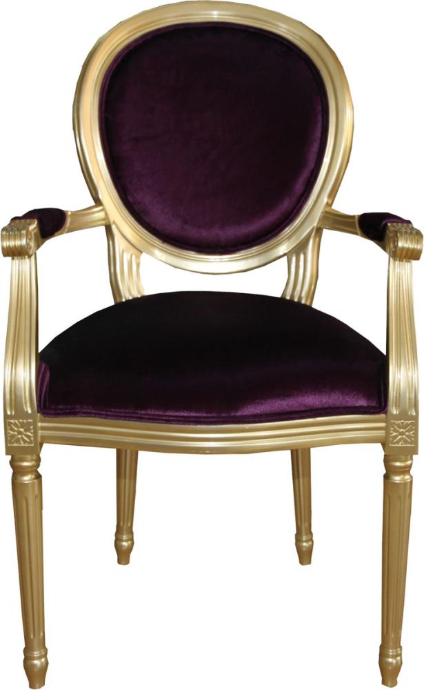 Casa Padrino Barock Luxus Esszimmer Stuhl mit Armlehnen Lila / Gold - Designer Stuhl - Luxus Qualität - Limited Edition Bild 1
