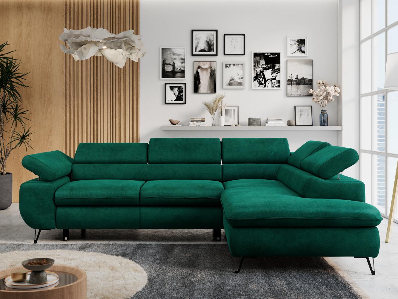 Ecksofa mit Bettfunktion, Modern Sofa, L-form, Einstellbare Kopfstützen, Bettkasten - PETER - Dunkelgrün Velours - rechts Bild 1