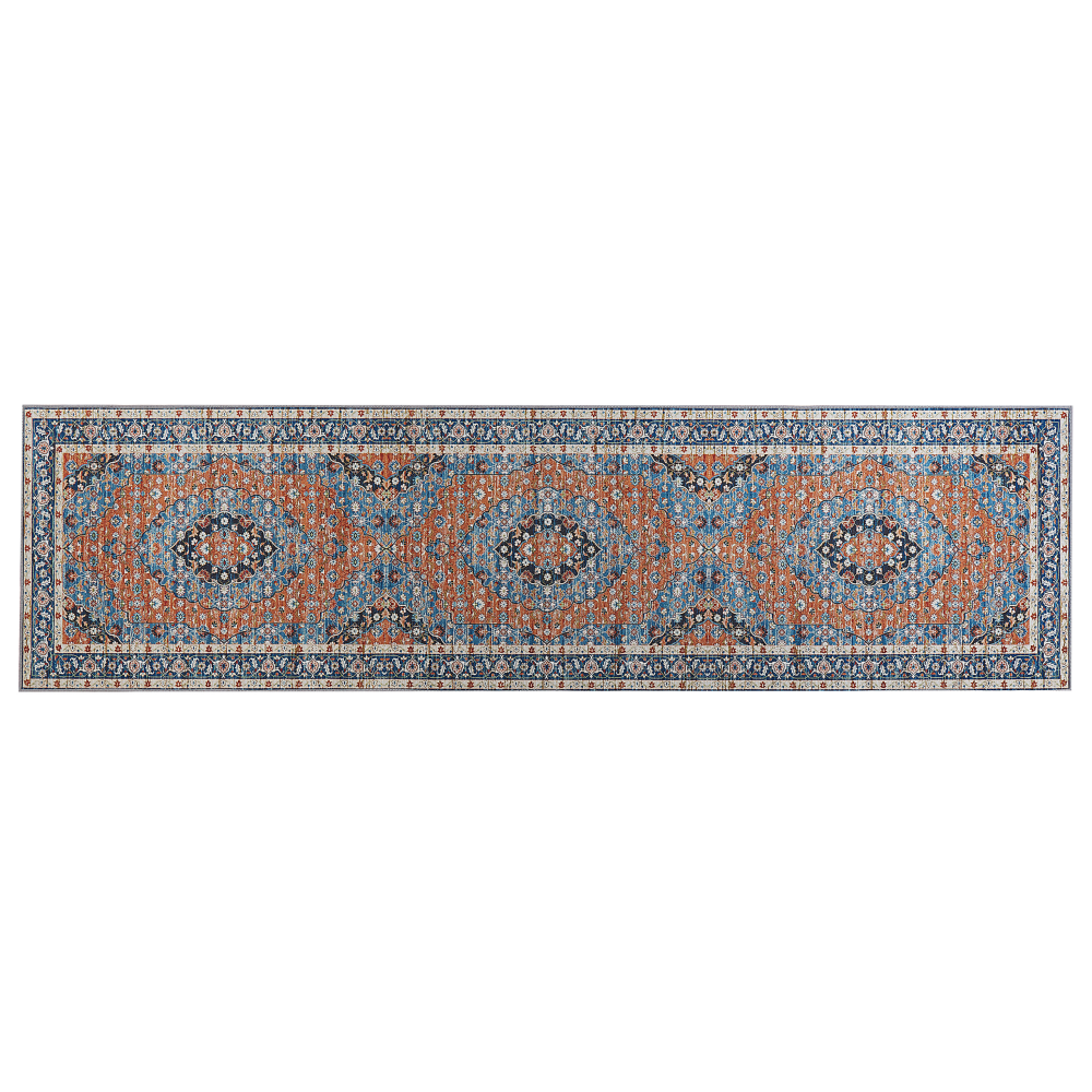 Teppich blau orange 80 x 300 cm orientalisches Muster Kurzflor MIDALAM Bild 1