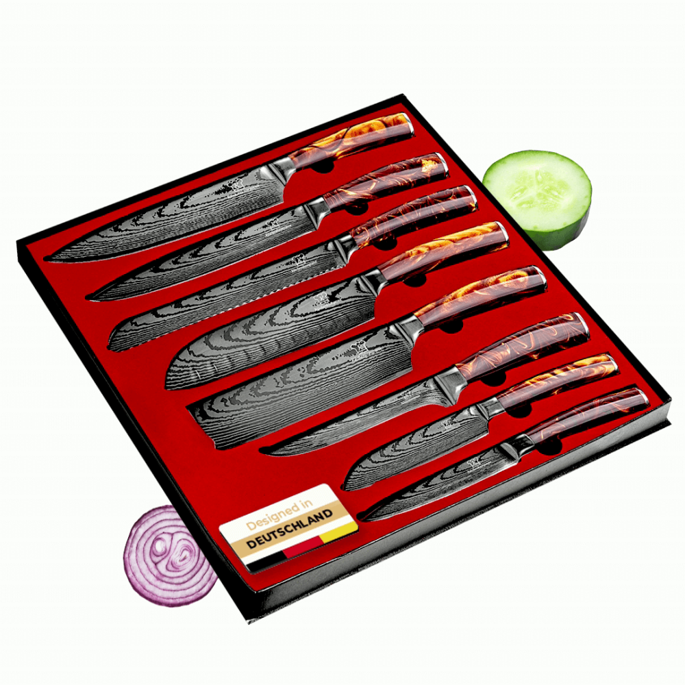 Asiatisches Edelstahl Messerset Kasshoku 8-teiliges Küchenmesser Set - Kochmesser im Damast Design mit Epoxidharz Griff inkl. Geschenkbox - rostfrei & scharf - Designed in Germany Bild 1