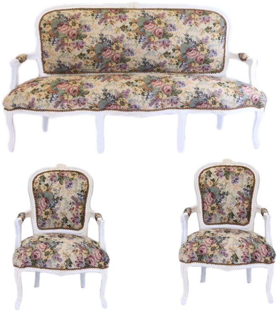 Casa Padrino Barock Sitzbank Set Blumen Muster / Antik Stil Weiß - 1 Sofa + 2 Sessel Bild 1