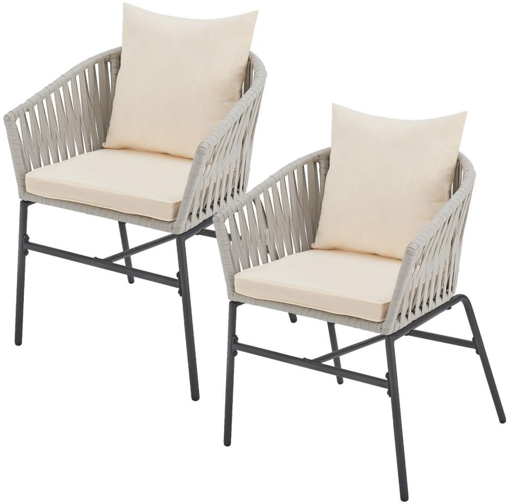Juskys Rope Stühle 2er Set - Gartenstühle mit Seilgeflecht & Polster – wetterfester & bis 160 kg belastbar - Stahl mit Pulverbeschichtung - Hellgrau Bild 1