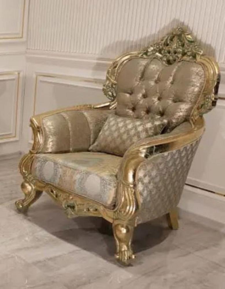 Casa Padrino Luxus Barock Wohnzimmer Sessel Gold / Grün / Gold - Prunkvoller Sessel mit elegantem Muster - Handgefertigte Barock Wohnzimmer Möbel Bild 1