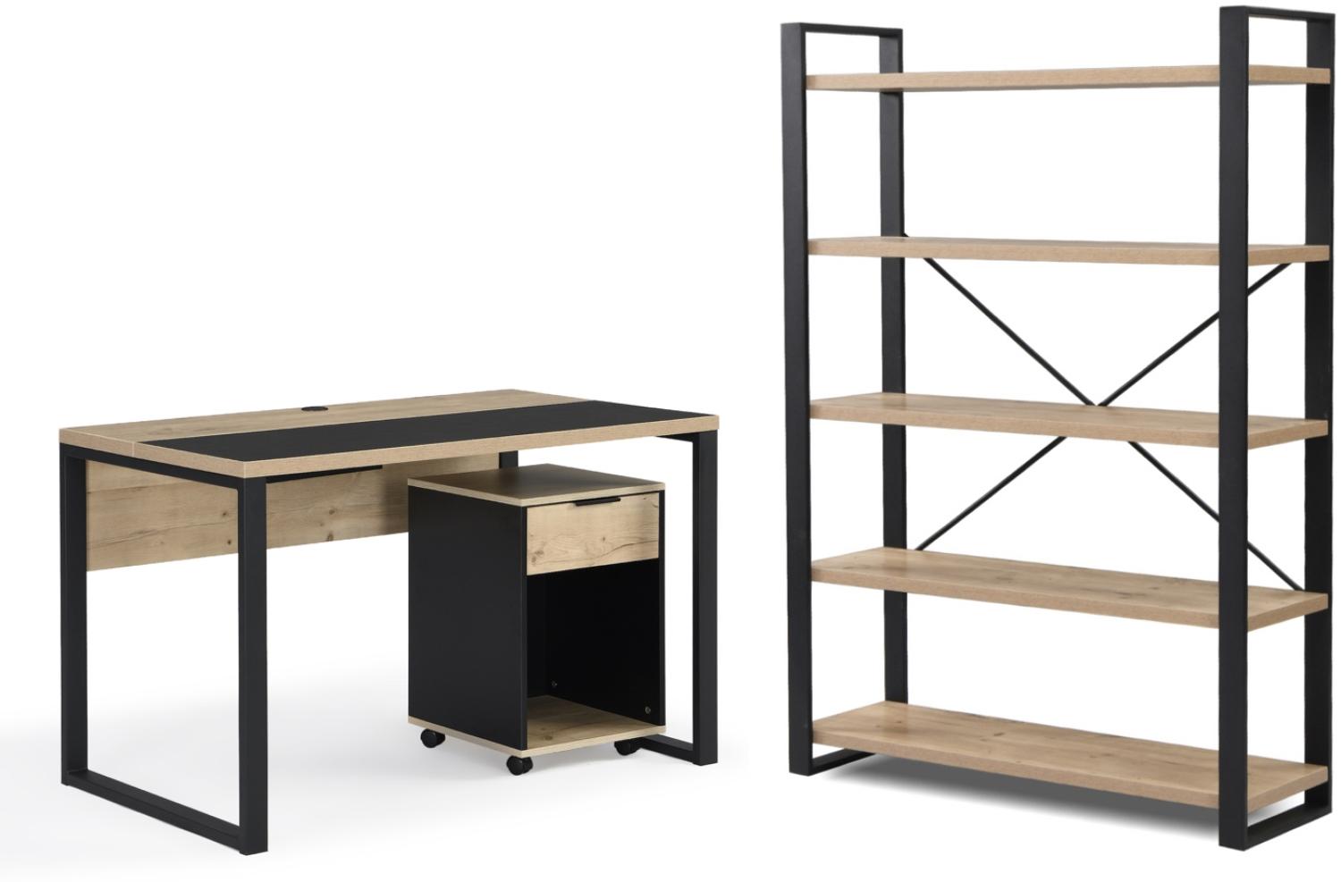 B&D home Büromöbel Komplettset | 3-teiliges Set mit Schreibtisch Rollcontainer Regal für Jugendzimmer, Büro | modern | Sandeiche Optik, 120cm Bild 1