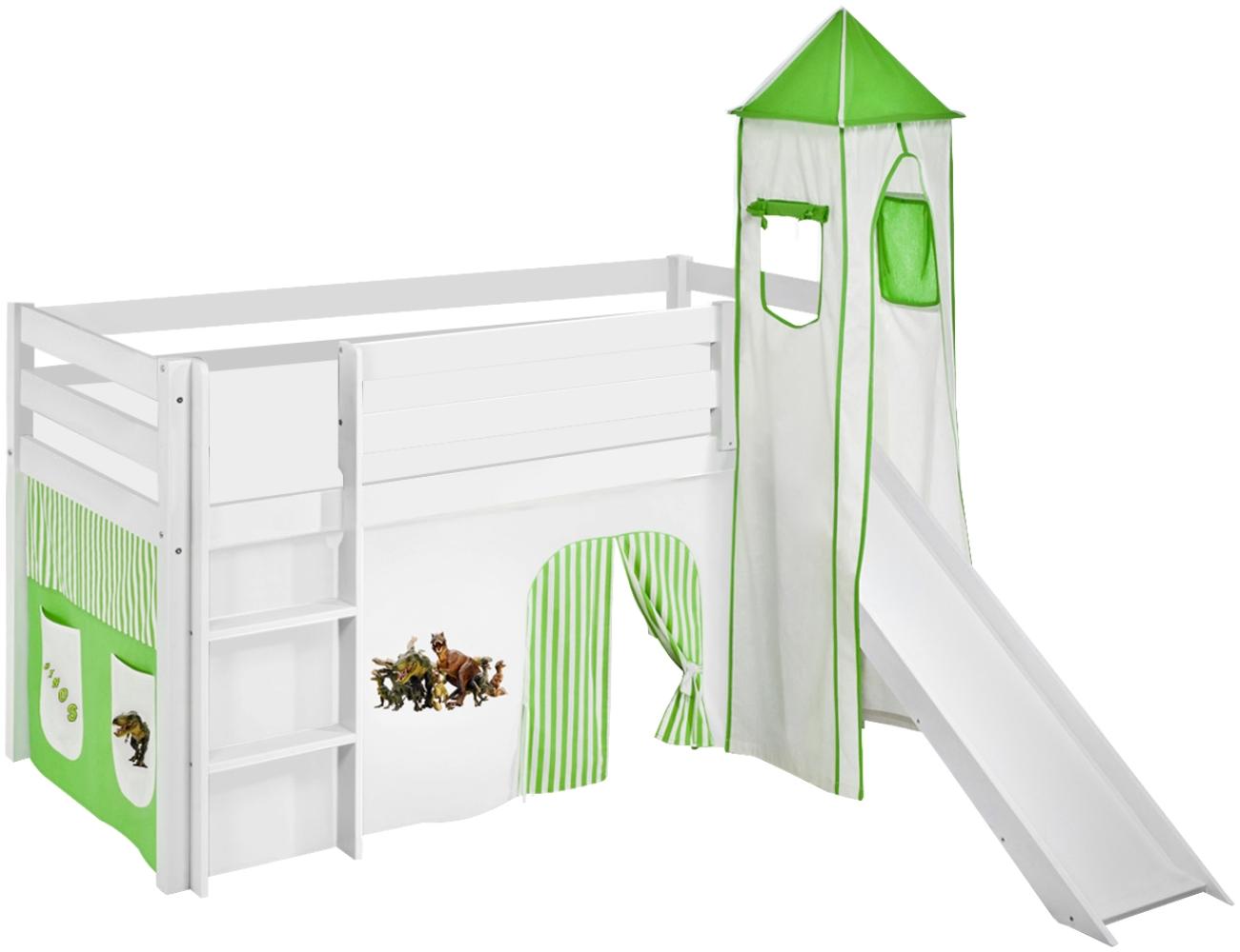 Lilokids 'Jelle' Spielbett 90 x 190 cm, Dinos Grün Beige, Kiefer massiv, mit Turm, Rutsche und Vorhang Bild 1