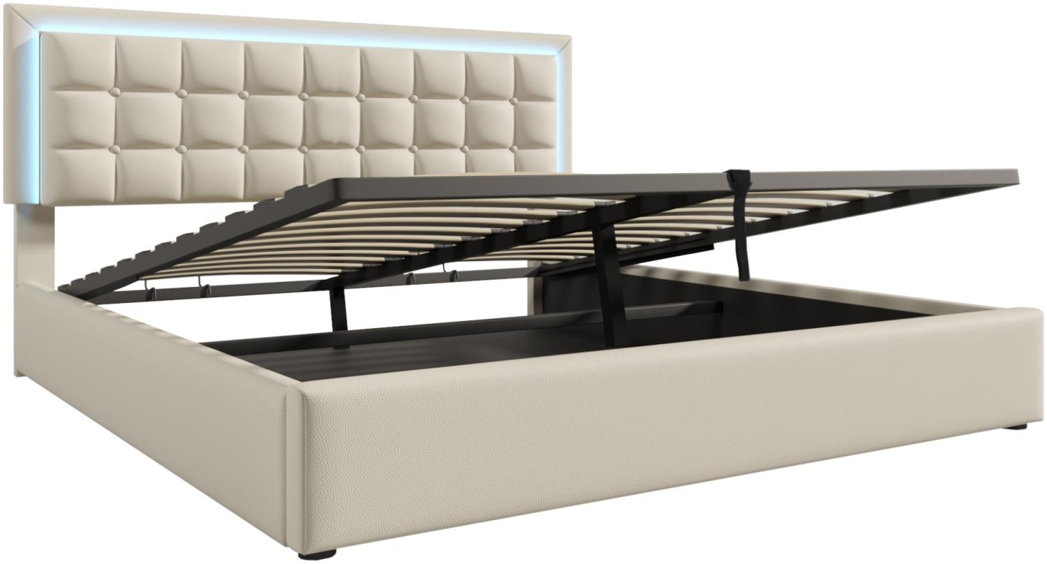 Merax LED Doppelbett 160x200 Polsterbett aus Kunstleder mit Lattenrost & Hydraulische Stauraum Weiß Bild 1