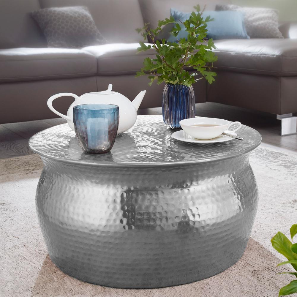 Wohnling Couchtisch KAREM 60x30,5x60cm Aluminium Beistelltisch orientalisch rund, Silber Bild 1