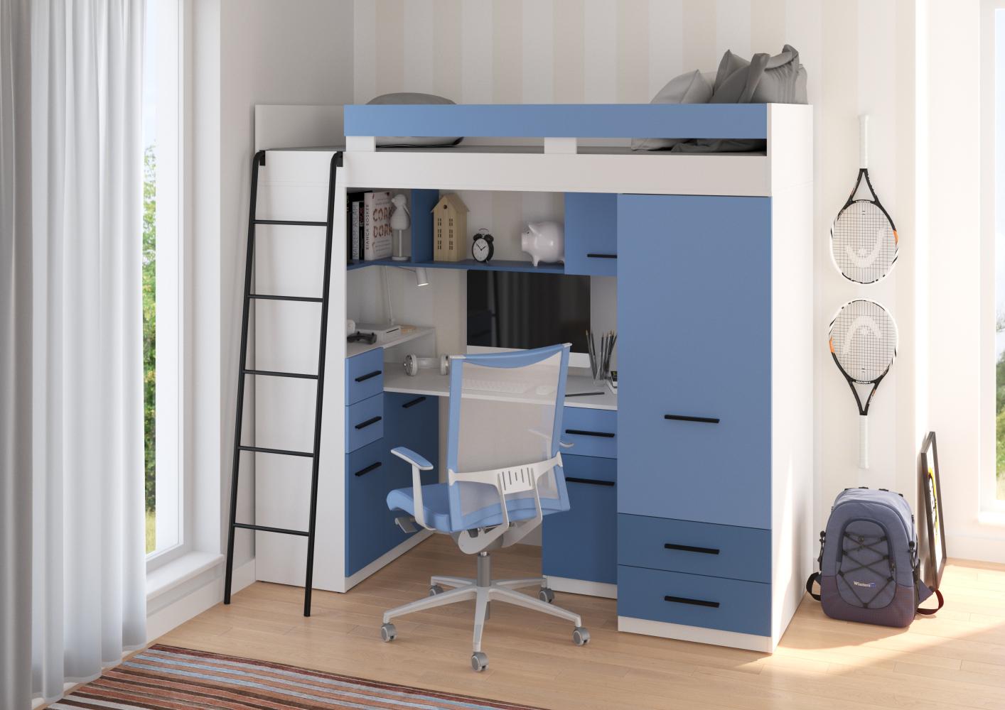 Domando Hochbett Tremosina Modern Breite 204cm, mit integrierten Schränken, Schreibtisch, Regal und Spiegel in Weiß Matt und Himmelblau Bild 1