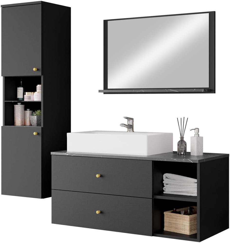 Badmöbel Set Kormen II mit Waschbecken und Siphon (Farbe: Schwarz + Schwarzer Marmor) Bild 1