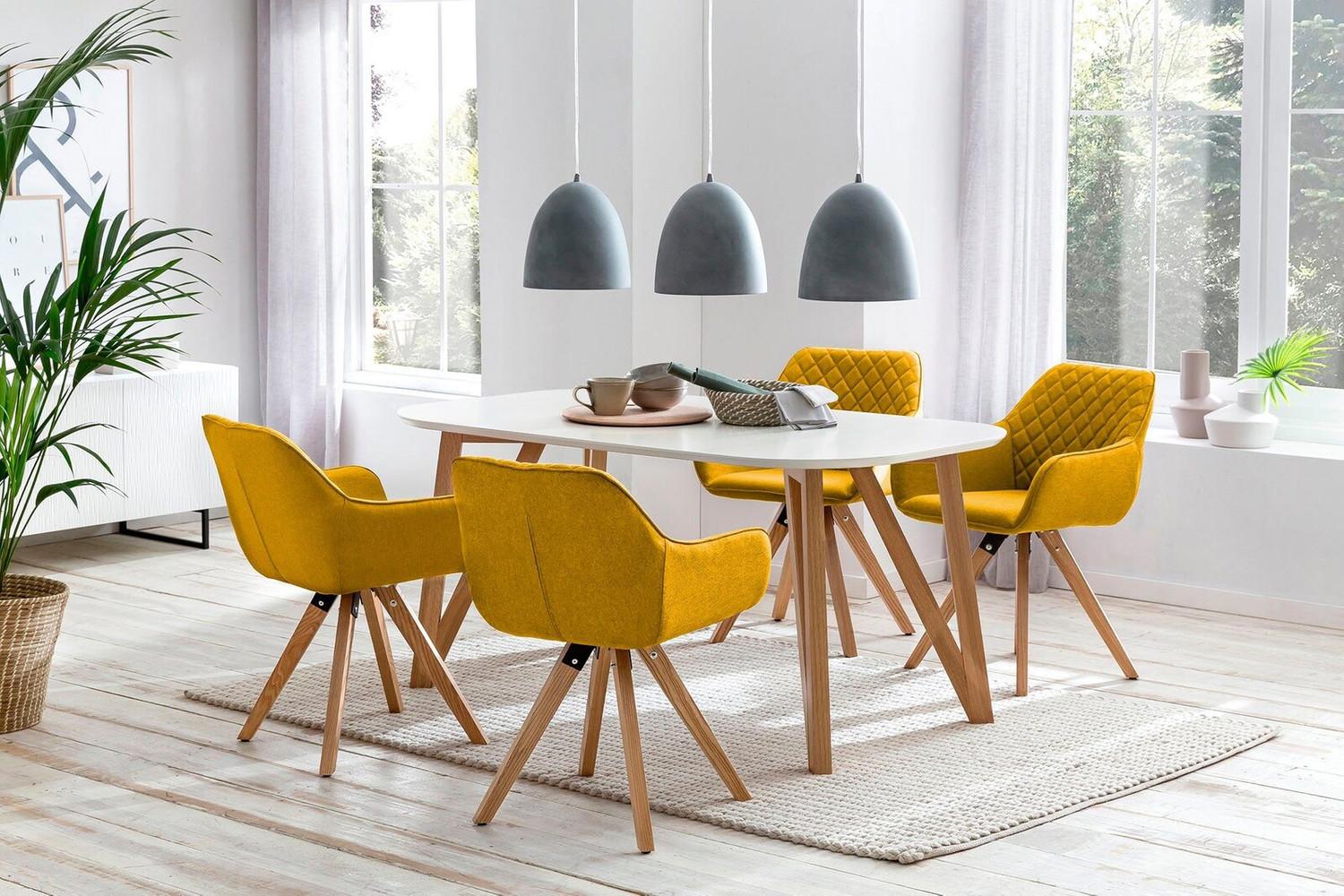 Essgruppe 5-tlg. Tisch 180x90 aus MDF Weiß + 4 Stühle aus Eichenholz Textil Gelb Bild 1
