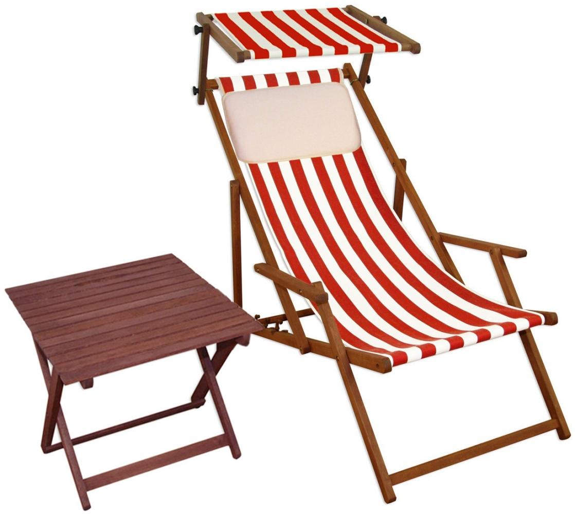 Liegestuhl rot-weiß Gartenstuhl Tisch Sonnendach Kissen Deckchair Buche Strandstuhl 10-314STKH Bild 1