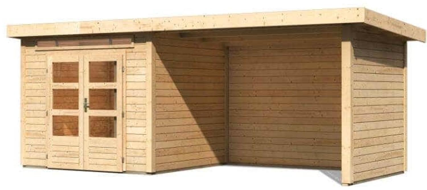 Gartenhaus Kandern 7 - 364x244 cm plus Anbaudach 3,20m mit Wänden, 28 mm Holz terragrau, Karibu Bild 1