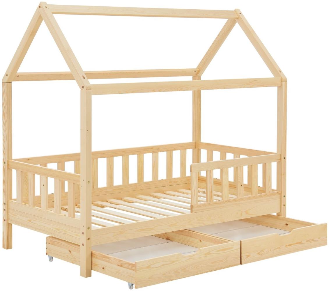 Juskys Kinderbett Marli 80 x 160 cm mit Bettkasten 2-teilig, Rausfallschutz, Lattenrost & Dach - Massivholz Hausbett für Kinder - Bett in Natur Bild 1