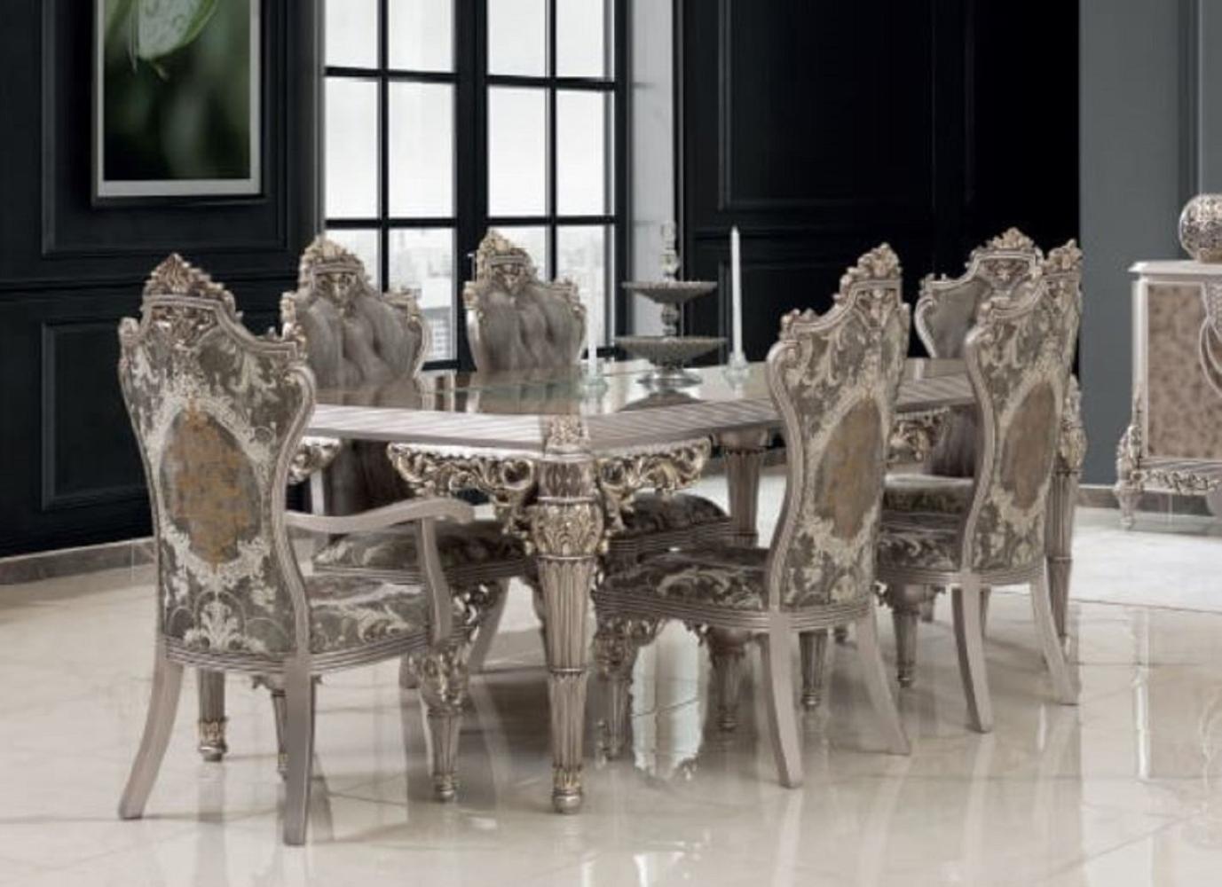 Casa Padrino Luxus Barock Esszimmer Set Grau / Silber - 1 Esstisch & 8 Esszimmerstühle - Prunkvolle Esszimmer Möbel im Barockstil Bild 1