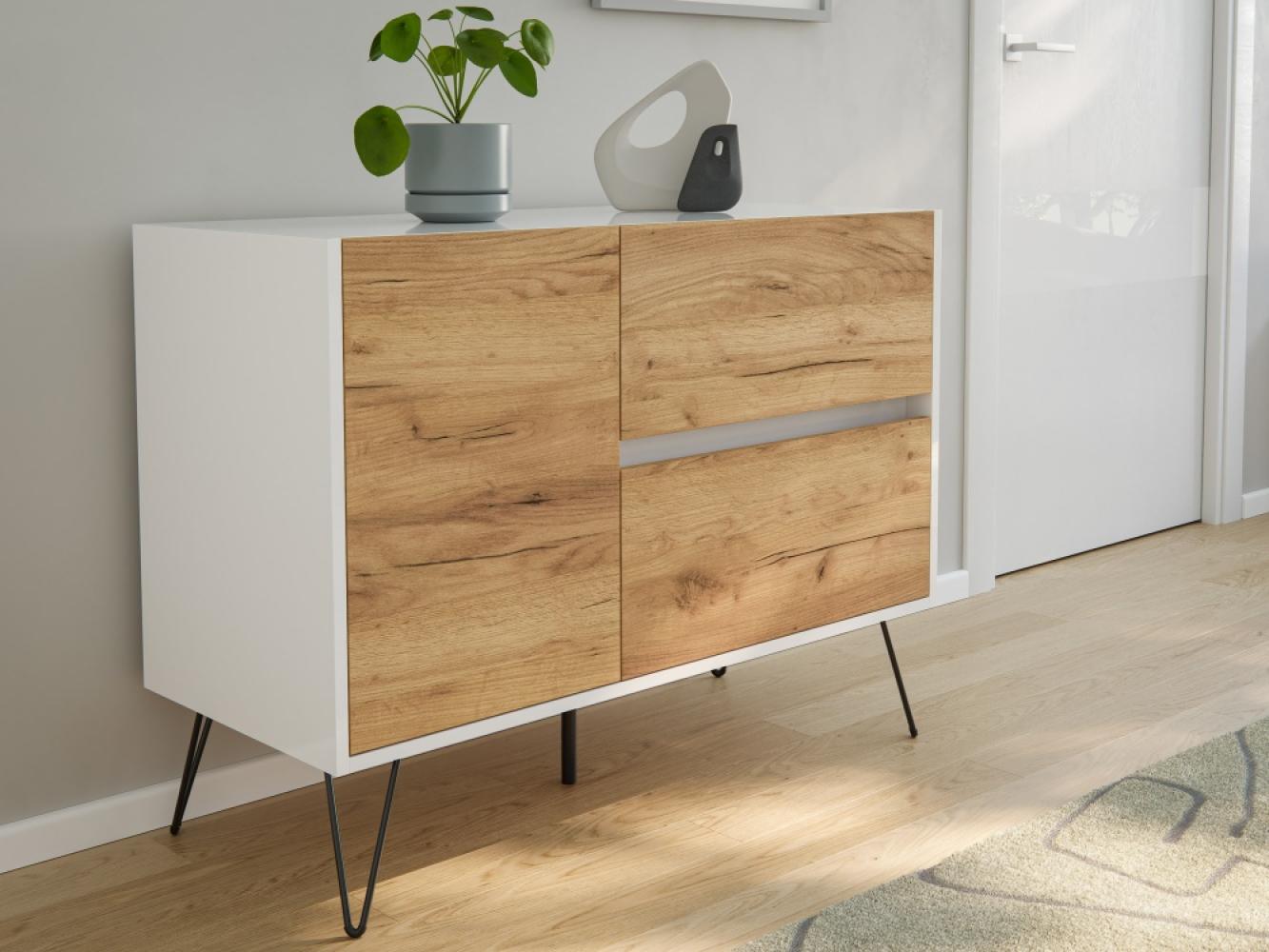 Raumwunder L Sideboard Kommode 100cm 2 SoftClose 1 Tür Weiß/Eiche Front : Oak Gold / Weiss hochglanz Bild 1