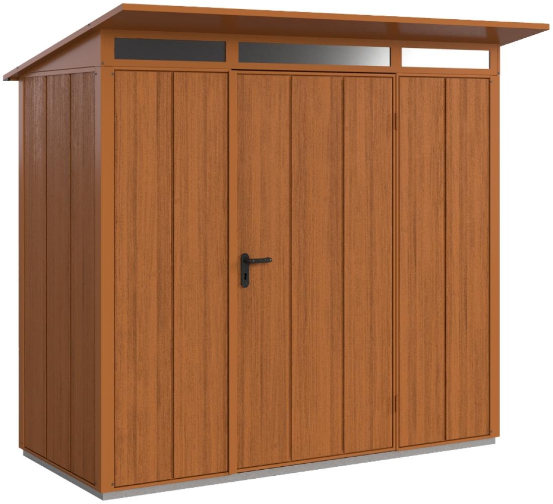 Hörmann Metall-Gerätehaus Berry Modern mit Pultdach Typ 1, 248 x 153 cm, golden oak, 3,8 m²,1-flüglige Tür Bild 1