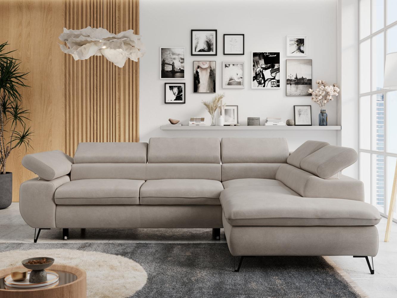 Ecksofa mit Bettfunktion, Modern Sofa, L-form, Einstellbare Kopfstützen, Bettkasten - PETER - Beige Mikrofaser - Topper T25 - rechts Bild 1