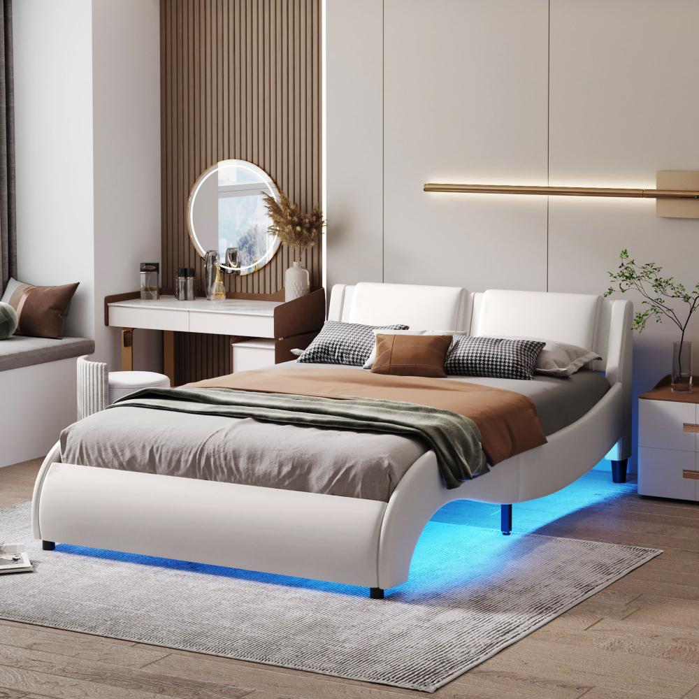 Merax Polsterbett 140*200cm Kunstlederbett mit LED-Lichtbettgestell mit Lattenrosten Weiß Bild 1