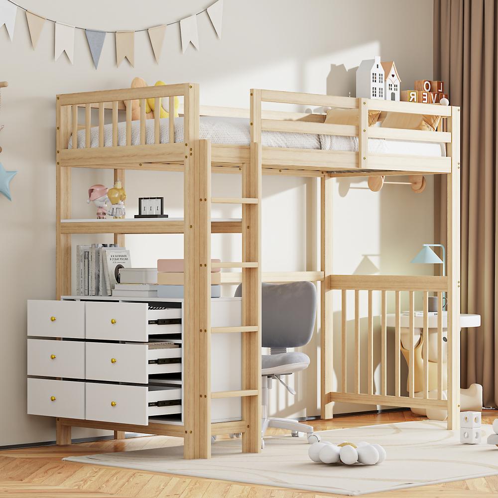 Merax Hochbett Massivholz Kinderbett 90x200cm mit 6-Schubladen-Kommode und Regal, holzfarbe Bild 1